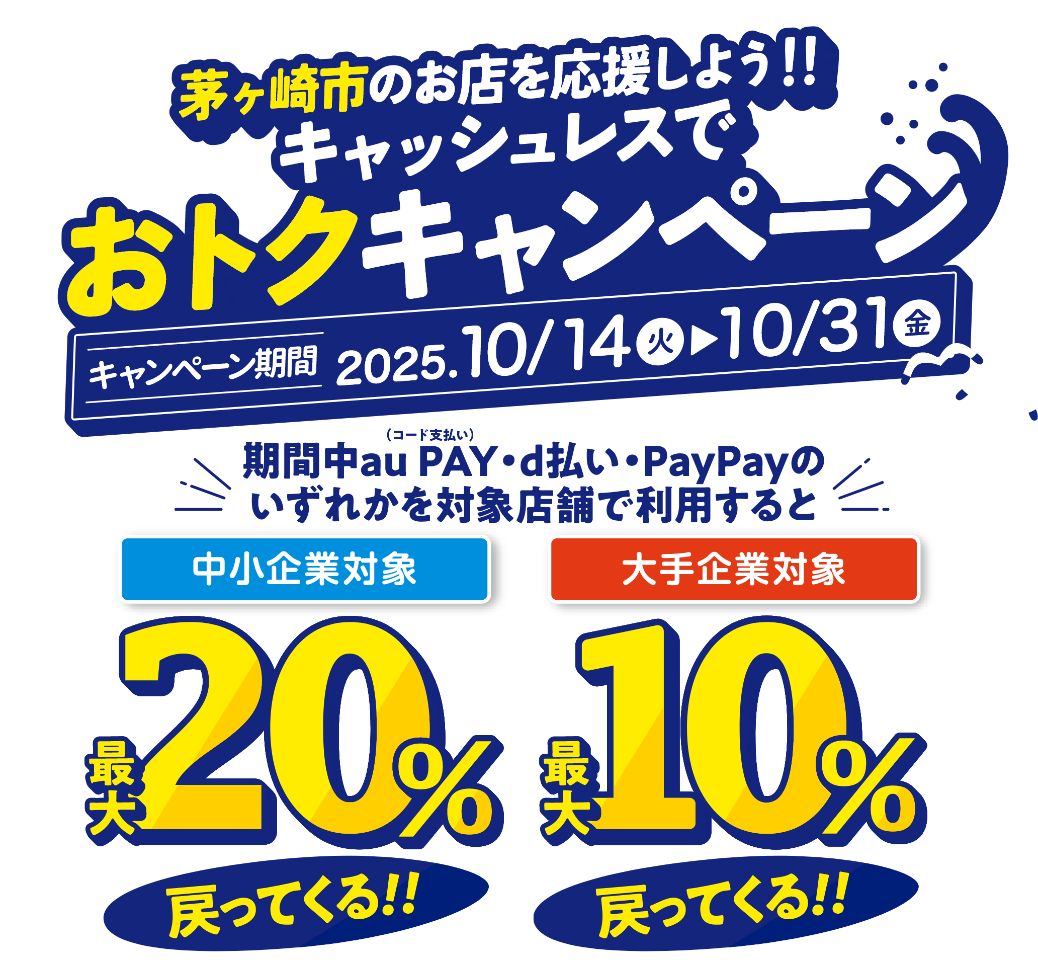 茅ヶ崎市のお店を応援しよう!!キャッシュレスでおトクキャンペーン【キャンペーン期間：2025年10月14日（火）〜10月31日（金）期間中 au PAY（コード支払い）・d払い・PayPayのいずれかを対象店舗で利用すると 中小企業対象：最大20％戻ってくる!! 大手企業対象：最大10％戻ってくる!!